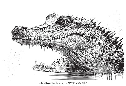 Crocodile portrait sketch hand drawn sketch, engraving style Side view vector illustration.