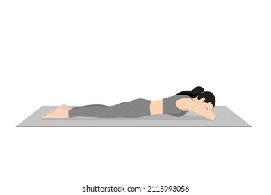 Rosa cocodrilo, Makarasana. Hermosa chica practica Nakarasana. Joven atractiva practicando yoga. ejercicios, ropa deportiva negra, pantalones grises y parte superior, interior de largo