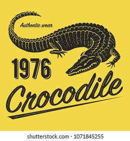 Crocodile poster, print for T-shirt. Alligator emblem or badge on yellow background. Reptiles or amphibians. Tropical animal. Engraved hand drawn in old vintage sketch. Vector illustration.