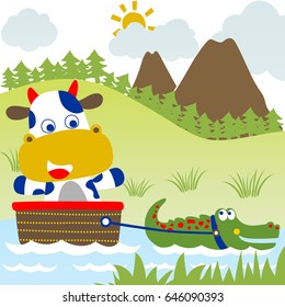 crocodile pulling cow with canoe in river, vector cartoon illustration