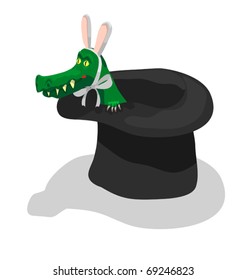 Crocodile with rabbit ears getting out from illusionist?s hat