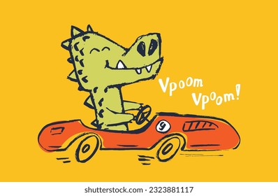 Crocodile racing car funny cool summer t-shirt print design. Race speed sports cabriolet auto. Slogan. Drive safari animal illustration. Racer kids typography nursery poster. Adorable holiday pattern