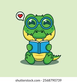 Crocodile reading a book cartoon vector illustration. Vector cartoon Illustration suitable for poster, brochure, web, mascot, sticker, logo and icon.