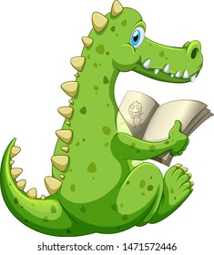 Crocodile reading book on white background illustration