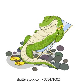 A crocodile resting on a rocky beach sitting on a deckchair and drinking cocktail.
Vector image with black outlines.