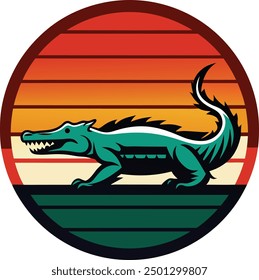 Crocodile retro sunset design for print