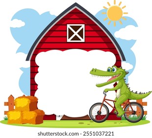 Crocodile rides a bike near a red barn