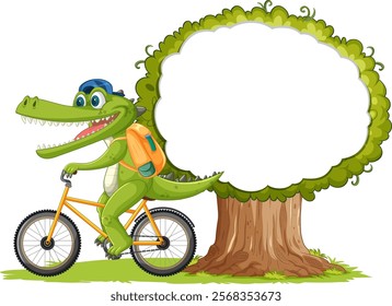 Crocodile rides a bike near a tree