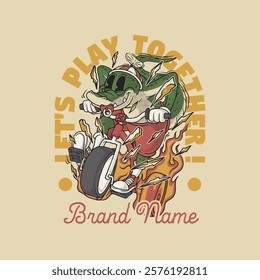 crocodile riding burning tricycle retro cartoon mascot