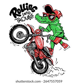 Crocodile riding motorcycle on back wheel cartoon biker in cap and sunglasses for t shirt design