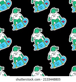 Crocodile riding skateboard, seamless pattern background illustration for t-shirt, sticker, or apparel merchandise. With doodle, retro, and cartoon style.