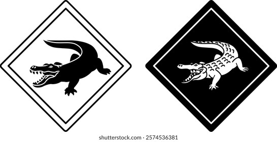 Crocodile Road Signs. Black and White Vector Icons. Alligator, Caiman. Road Sign Warning about Crossing the Road by Animals. Sticker for Zoo