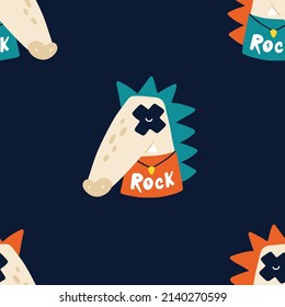 Crocodile rock star animal seamless pattern. Hand drawn colorful doodle cartoon character in rock accessories. Ideal for baby clothes, textiles, wallpaper, wrapping paper