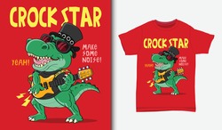 Crocodile Rock Star Illustration With T-shirt Design, Hand Drawn