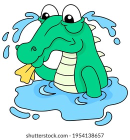the crocodile was sad crying a lot of stagnant pool water, vector illustration art. doodle icon image kawaii.