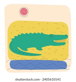 The crocodile in the sand. A sunny landscape. Abstract elements of design. Funny illustration. Happy childhood, good fairy tales. Flat, linear. Vector illustration. 