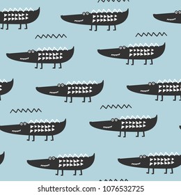 Crocodile seamless pattern. Alligator kds cloth ornament. Vector illustration. Perfect for kids fabric, textile, nursery wallpaper.