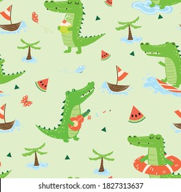 Crocodile seamless pattern background, Cute crocodile cartoon fabric textile vector illustration.