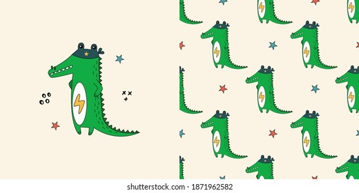 Crocodile seamless pattern. Doodle vector illustration with alligators. Design for fabric, textile, decor.