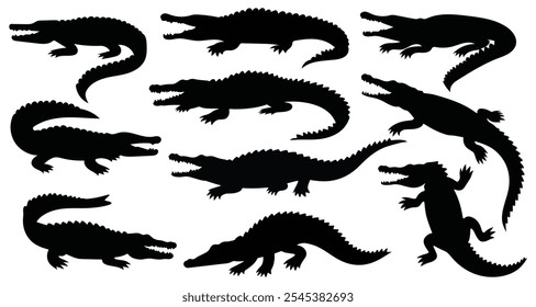 Crocodile silhouettes in various poses. isolated vector on white background.