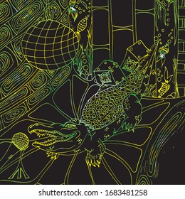 Crocodile sings into a microphone. Night club. A scene with an aquarium and music speakers. Crocodile skin pattern. Freehand sketch. Bright creative illustration.
