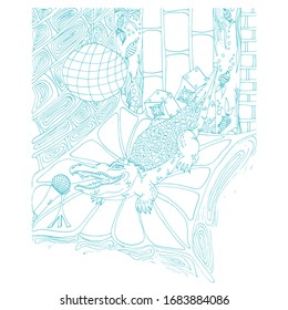 Crocodile sings into a microphone. Night club. A scene with an aquarium and music speakers. Crocodile skin pattern. Freehand sketch. Bright creative illustration.