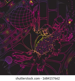 Crocodile sings into a microphone. Night club. A scene with an aquarium and music speakers. Crocodile skin pattern. Freehand sketch. Bright creative illustration.
