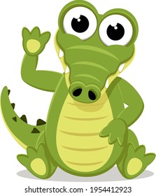 Crocodile sits and waves on a white background. Character