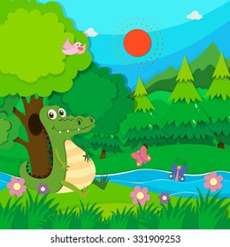 Crocodile sitting by the river illustration