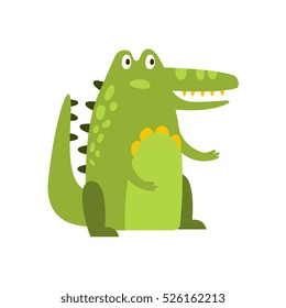 Crocodile Sitting Straight Like Man Flat Cartoon Green Friendly Reptile Animal Character Drawing