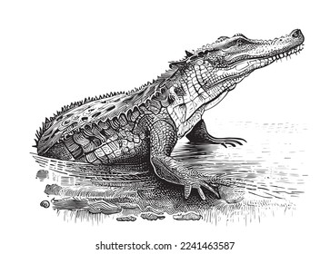 Crocodile sitting in the water hand drawn sketch Vector illustration.