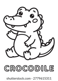 Crocodile sitting and waving, black and white line art illustration for educational coloring book.