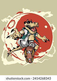 A crocodile for skateboarding. Teenagers ride a longboard, jump and perform tricks. The free lifestyle of a figure skater. Urban skateboard sports. red moon background. Vector illustration