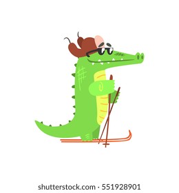 Crocodile Skiing In Cap With Ear Flaps, Humanized Green Reptile Animal Character Every Day Activity