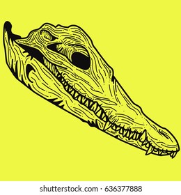crocodile Skull of an animal on a yellow background, for printing on a T-shirt, element of design, stamp stickers, banner on the site, logo of the tattoo salon,  graphics, vector image, dots art