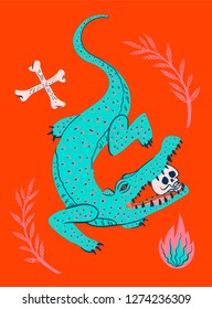 crocodile with skull in the jaws, color print