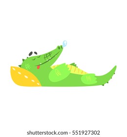 Crocodile Sleeping With Pillow, Humanized Green Reptile Animal Character Every Day Activity