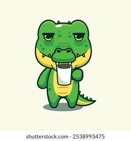 Crocodilo sonolento bebendo café desenho animado vetor ilustração. elemento de design adequado para cartaz, brochura, web, mascote, adesivo, logotipo e ícone.