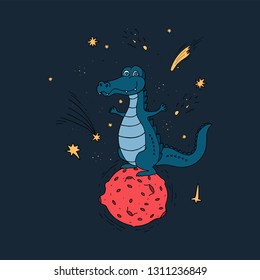 Crocodile in space. Colorful vector illustration: a cheerful crocodile in space stands on a red planet, stars Shine around, a comet flies.