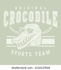 Crocodile sports team.Retro college varsity typography california slogan print, vector illustration, for t-shirt graphic.