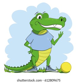 Crocodile is standing with the ball dressed in a T-shirt and sneakers
