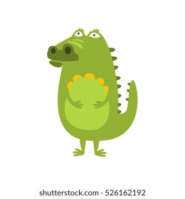 Crocodile Standing Daydreaming And Thinking Flat Cartoon Green Friendly Reptile Animal Character Drawing