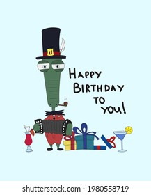 A crocodile in a suit with a pipe in his mouth plays the accordion and wishes you Happy Birthday!