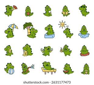 Crocodile summer character set enjoying funny beach activities swimming relaxing holding drinks eating sweet watermelon for yours illustration and creative designs projects