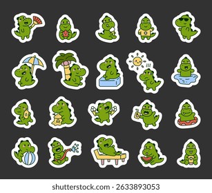 Crocodile summer character set enjoying funny beach activities swimming relaxing holding drinks eating sweet watermelon for yours illustration and creative designs projects