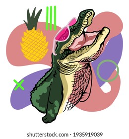 crocodile summer , with white background . tropical style