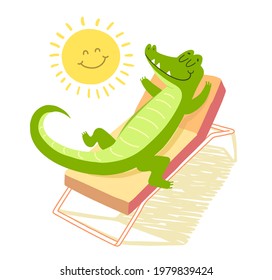 Crocodile sunbathing on a sunbed under the smiling sun. Vacation concept. T-shirt illustration in cartoon style.
