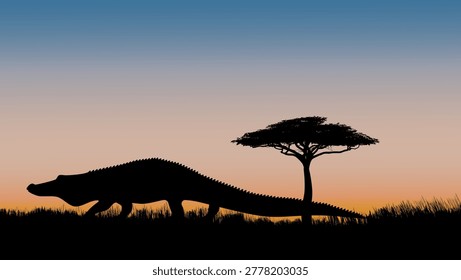 Crocodile at sunset, color vector illustration