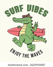 crocodilo surf retro desenho animado ilustração bonito