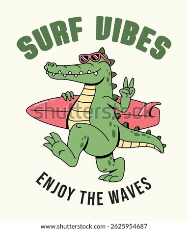 crocodile surf retro cartoon cute illustration